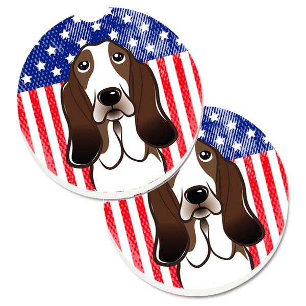 Carolines Treasures American Flag and Basset Hound Set of 2 Cup Holder Car Coaster BB2173CARC - main